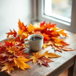 A cozy and inviting scene featuring a steaming cup of coffee placed on a charming wooden table surrounded by vibrant autumn leaves