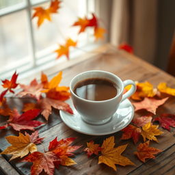 A cozy and inviting scene featuring a steaming cup of coffee placed on a charming wooden table surrounded by vibrant autumn leaves