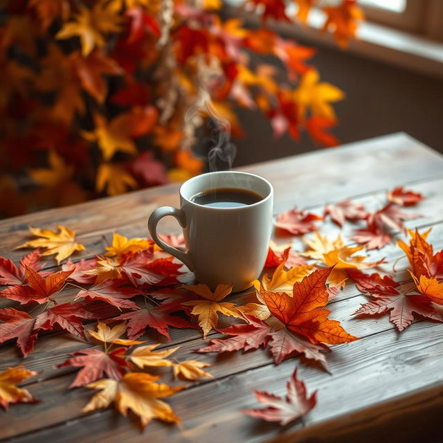 A cozy and inviting scene featuring a steaming cup of coffee placed on a charming wooden table surrounded by vibrant autumn leaves