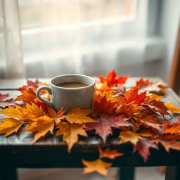 A cozy and inviting scene featuring a steaming cup of coffee placed on a charming wooden table surrounded by vibrant autumn leaves