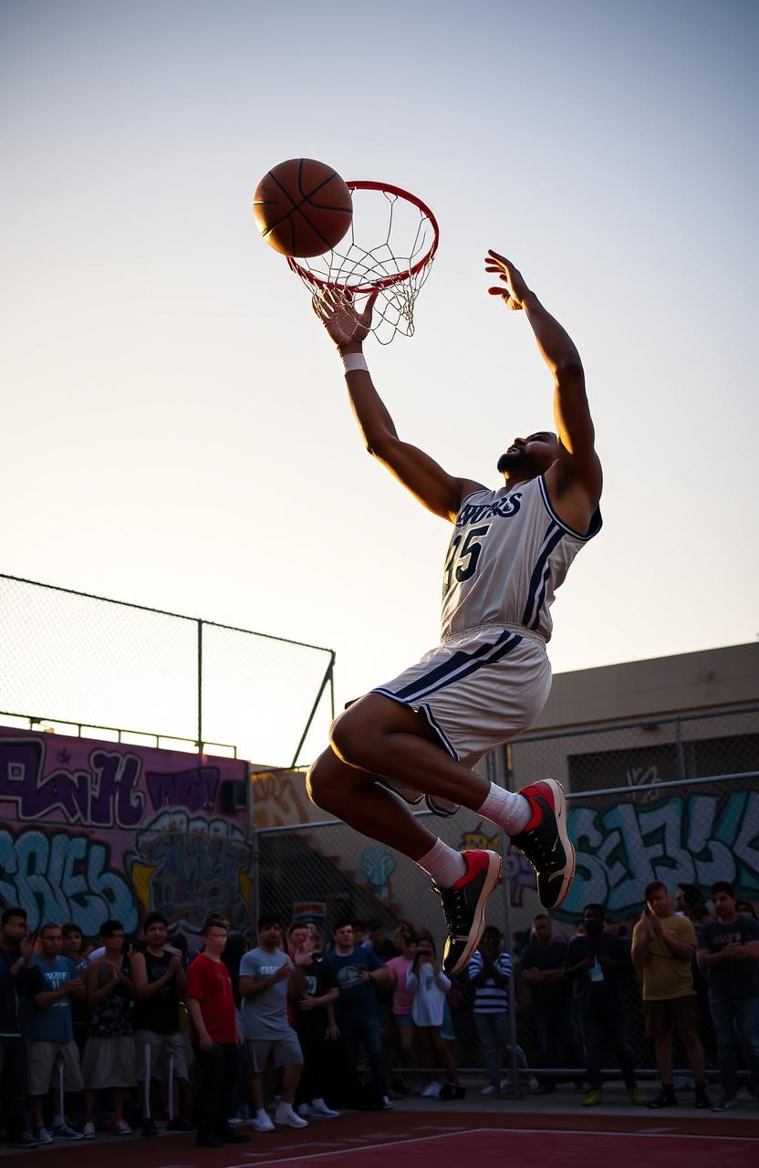 A basketball player in mid-air, executing an impressive slam dunk during a vibrant urban street basketball game