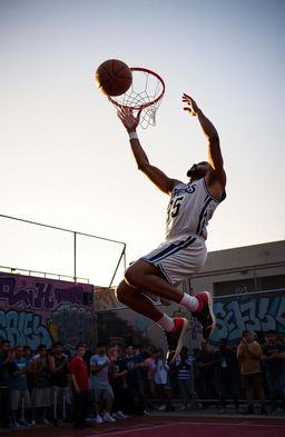 A basketball player in mid-air, executing an impressive slam dunk during a vibrant urban street basketball game