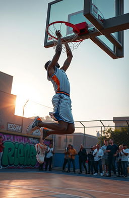 A basketball player in mid-air, executing an impressive slam dunk during a vibrant urban street basketball game