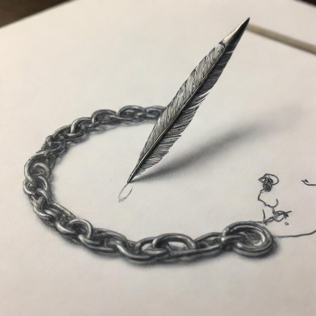 An elegant quill pen intricately sketching a beautifully rended broken chain, in the midst of dynamic drawing action.