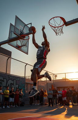 A basketball player in mid-air, executing an impressive slam dunk during a vibrant urban street basketball game