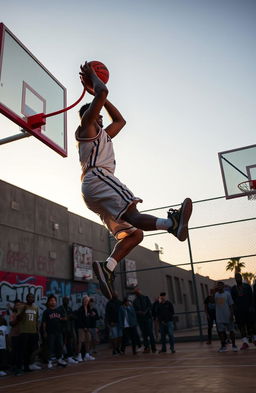 A basketball player in mid-air, executing an impressive slam dunk during a vibrant urban street basketball game