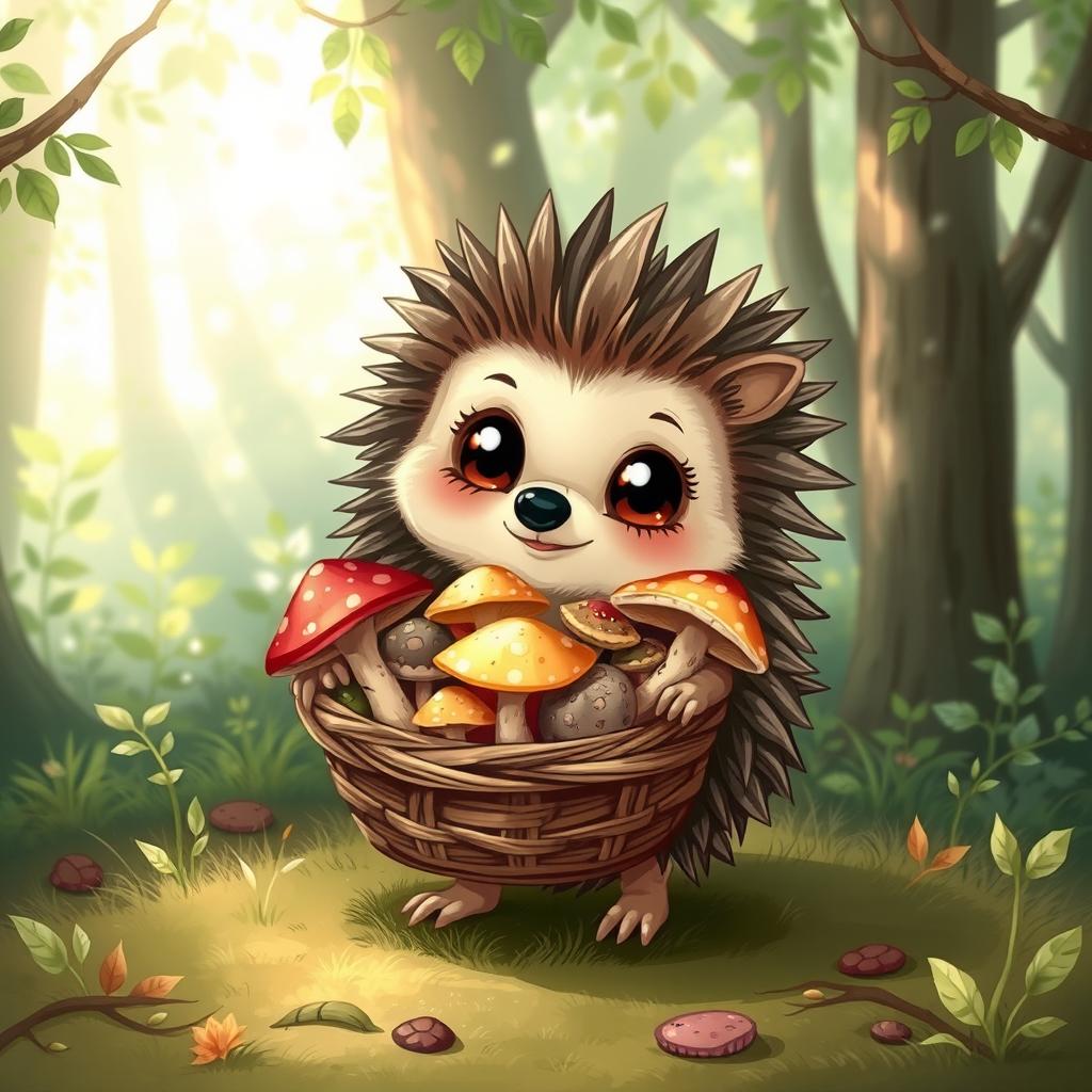 A cute hedgehog holding a basket of mushrooms, displayed in an artistic illustration style with clear and intricate details