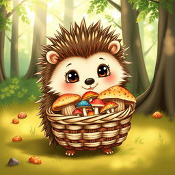 A cute hedgehog holding a basket of mushrooms, displayed in an artistic illustration style with clear and intricate details