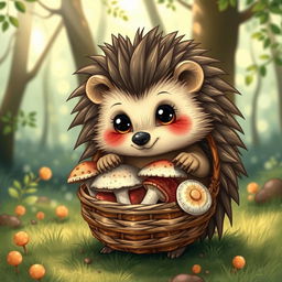 A cute hedgehog holding a basket of mushrooms, displayed in an artistic illustration style with clear and intricate details