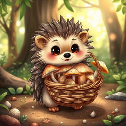 A cute hedgehog holding a basket of mushrooms, displayed in an artistic illustration style with clear and intricate details