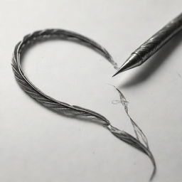 An elegant quill pen intricately sketching a beautifully rended broken chain, in the midst of dynamic drawing action.