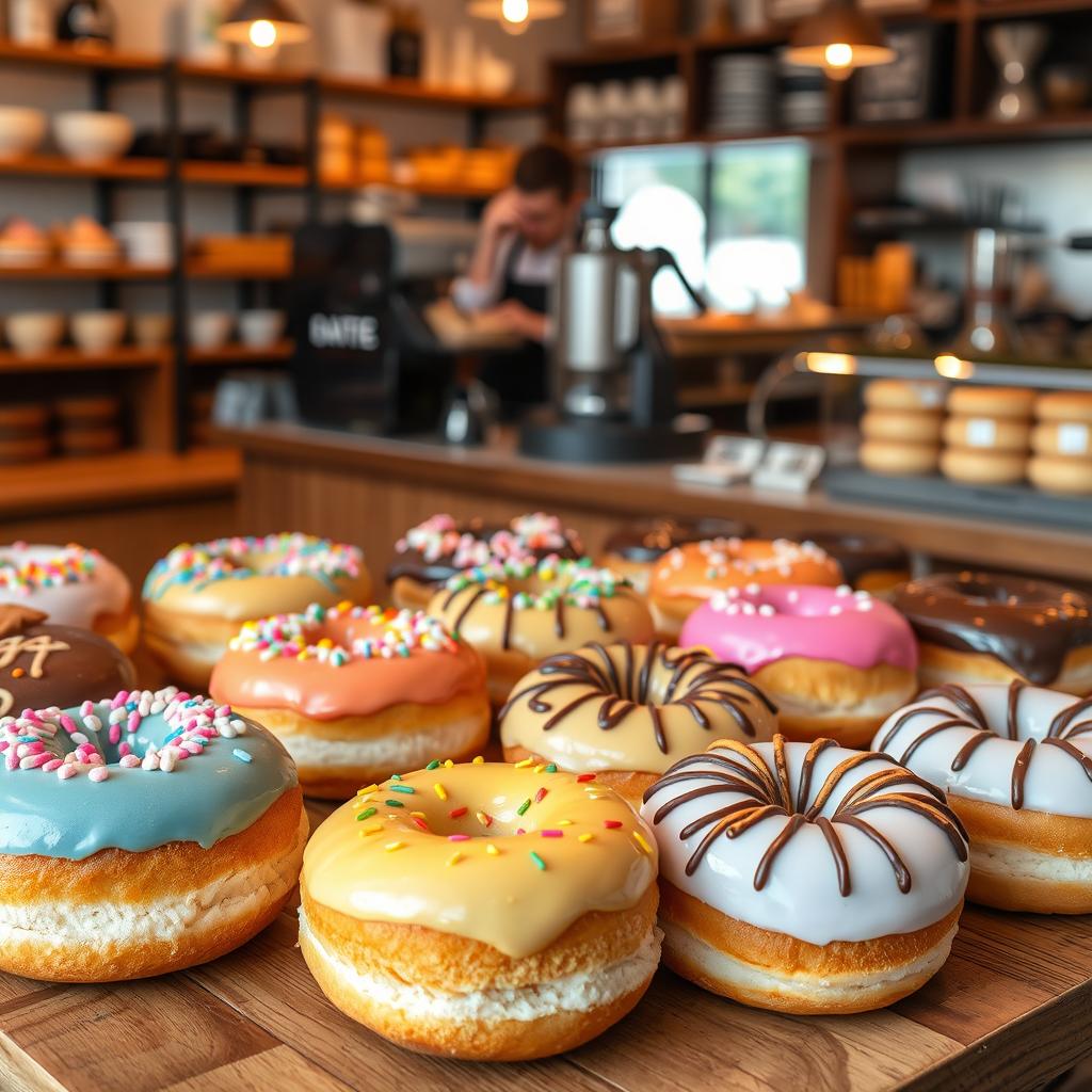 A variety of delicious, colorful donuts displayed on a wooden table in a morning bakery setting