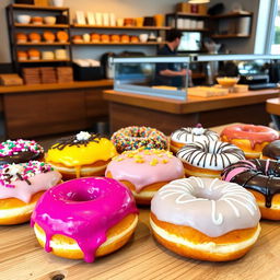 A variety of delicious, colorful donuts displayed on a wooden table in a morning bakery setting