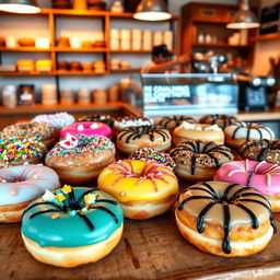 A variety of delicious, colorful donuts displayed on a wooden table in a morning bakery setting