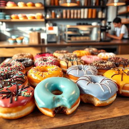 A variety of delicious, colorful donuts displayed on a wooden table in a morning bakery setting