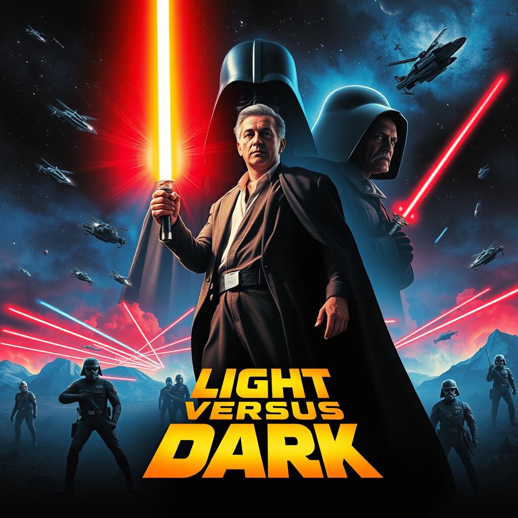 A Star Wars-style epic movie poster featuring Salvador Montes de Oca as a heroic figure, standing valiantly with a glowing lightsaber symbolizing hope and justice