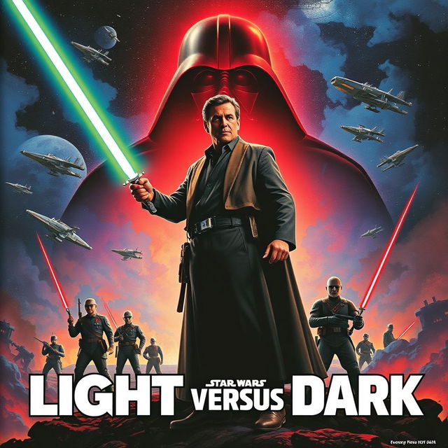 A Star Wars-style epic movie poster featuring Salvador Montes de Oca as a heroic figure, standing valiantly with a glowing lightsaber symbolizing hope and justice