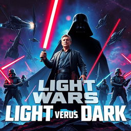 A Star Wars-style epic movie poster featuring Salvador Montes de Oca as a heroic figure, standing valiantly with a glowing lightsaber symbolizing hope and justice