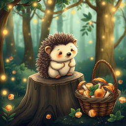 A cute hedgehog with soft, quills sitting adorably on a wooden stump in a magical fairytale forest