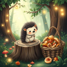 A cute hedgehog with soft, quills sitting adorably on a wooden stump in a magical fairytale forest