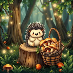 A cute hedgehog with soft, quills sitting adorably on a wooden stump in a magical fairytale forest