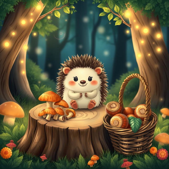 A cute hedgehog with soft, quills sitting adorably on a wooden stump in a magical fairytale forest