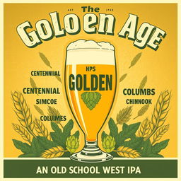 A vintage 1950s movie poster style illustration featuring a beer glass as the main subject, titled “The Golden Age”