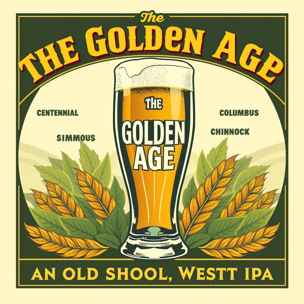 A vintage 1950s movie poster style illustration featuring a beer glass as the main subject, titled “The Golden Age”