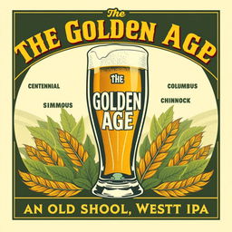 A vintage 1950s movie poster style illustration featuring a beer glass as the main subject, titled “The Golden Age”