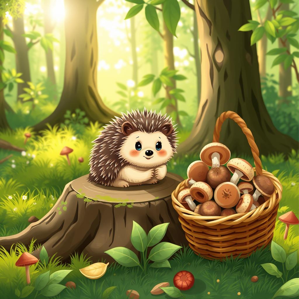 A cute hedgehog sitting on a tree stump in a lush forest, surrounded by vibrant greenery