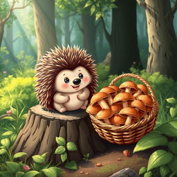 A cute hedgehog sitting on a tree stump in a lush forest, surrounded by vibrant greenery