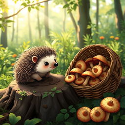 A cute hedgehog sitting on a tree stump in a lush forest, surrounded by vibrant greenery