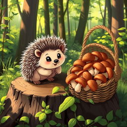 A cute hedgehog sitting on a tree stump in a lush forest, surrounded by vibrant greenery