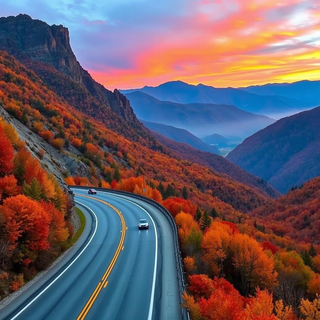 A picturesque highway snaking through a breathtaking mountain landscape during autumn