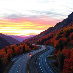 A picturesque highway snaking through a breathtaking mountain landscape during autumn