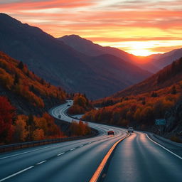 A picturesque highway snaking through a breathtaking mountain landscape during autumn