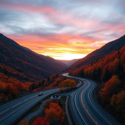 A picturesque highway snaking through a breathtaking mountain landscape during autumn