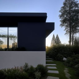 A modern house with sleek lines, glass walls, and a well-maintained garden in the daylight