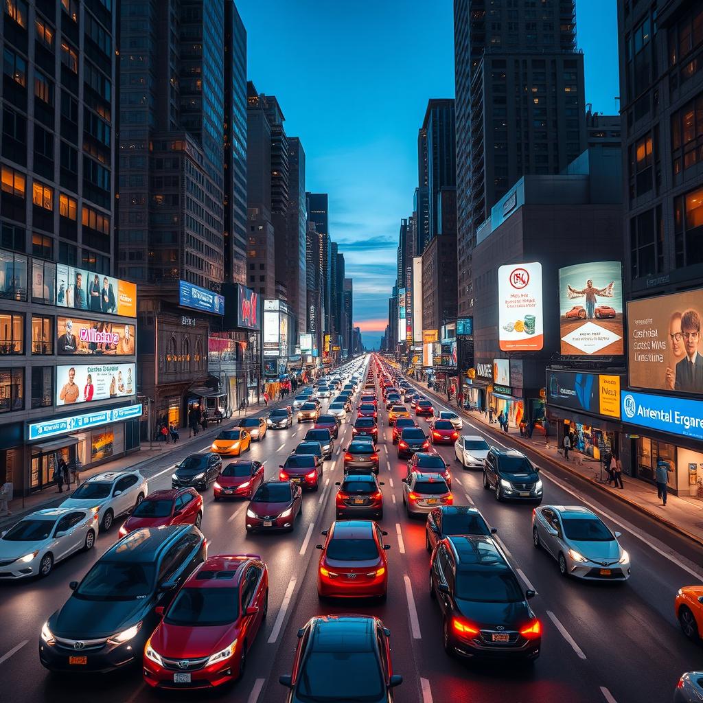 A bustling city highway at night, filled with a diverse array of vehicles, each leaving trails of light as they speed through the urban landscape