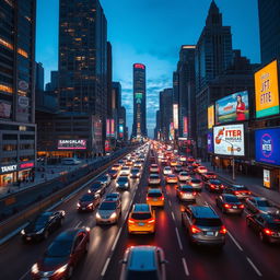 A bustling city highway at night, filled with a diverse array of vehicles, each leaving trails of light as they speed through the urban landscape