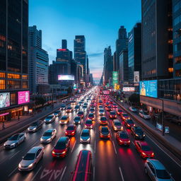 A bustling city highway at night, filled with a diverse array of vehicles, each leaving trails of light as they speed through the urban landscape