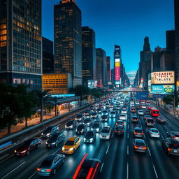 A bustling city highway at night, filled with a diverse array of vehicles, each leaving trails of light as they speed through the urban landscape