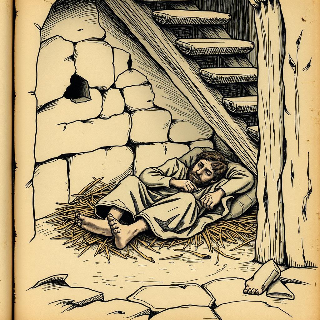 A medieval squatter sleeping on a bed of straw under a staircase, wearing tattered clothes and barefoot