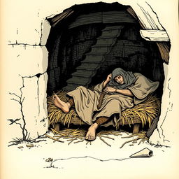 A medieval squatter sleeping on a bed of straw under a staircase, wearing tattered clothes and barefoot