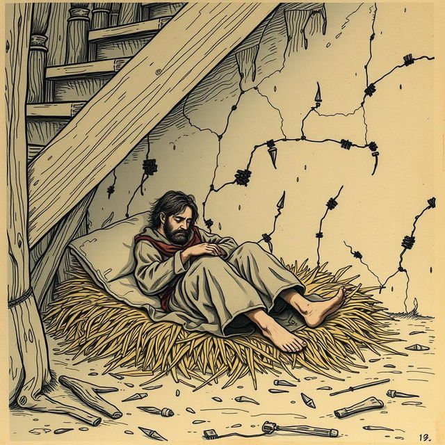 A medieval squatter sleeping on a bed of straw under a staircase, wearing tattered clothes and barefoot