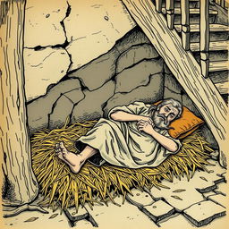 A medieval squatter sleeping on a bed of straw under a staircase, wearing tattered clothes and barefoot