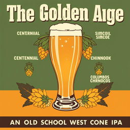 A vintage 1950s movie poster style illustration featuring a beer glass as the main centerpiece, titled “The Golden Age”