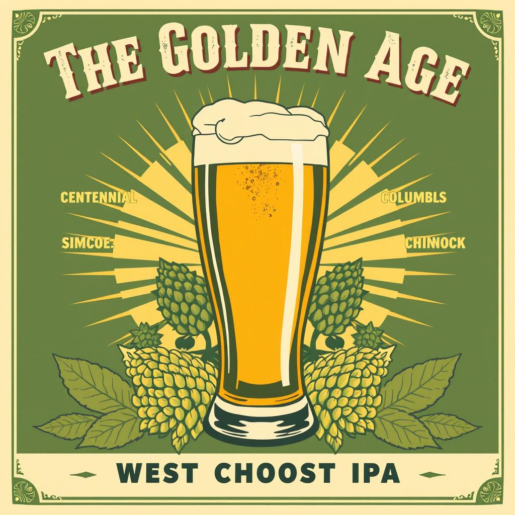 A vintage 1950s movie poster style illustration featuring a beer glass as the main centerpiece, titled “The Golden Age”