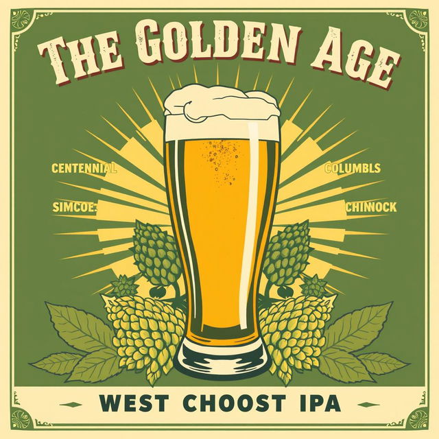 A vintage 1950s movie poster style illustration featuring a beer glass as the main centerpiece, titled “The Golden Age”