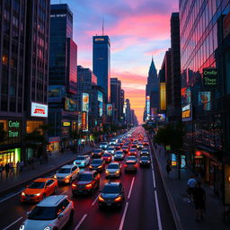 A vibrant city street at dusk, bustling with life and activity